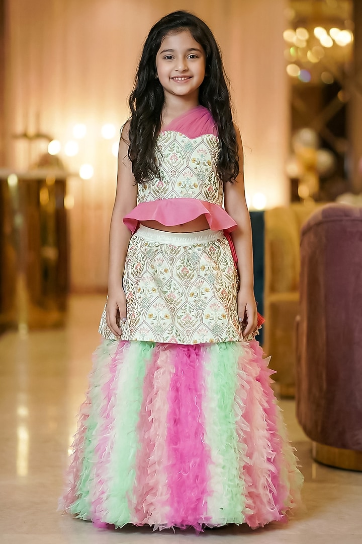 Multi-Colored Satin Silk Hand Embroidered Frilled Lehenga Set For Girls by Pragya exclusive at Pernia's Pop Up Shop