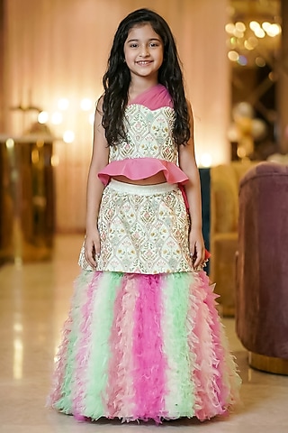 Multi-Colored Satin Silk Hand Embroidered Frilled Lehenga Set For Girls by Pragya exclusive