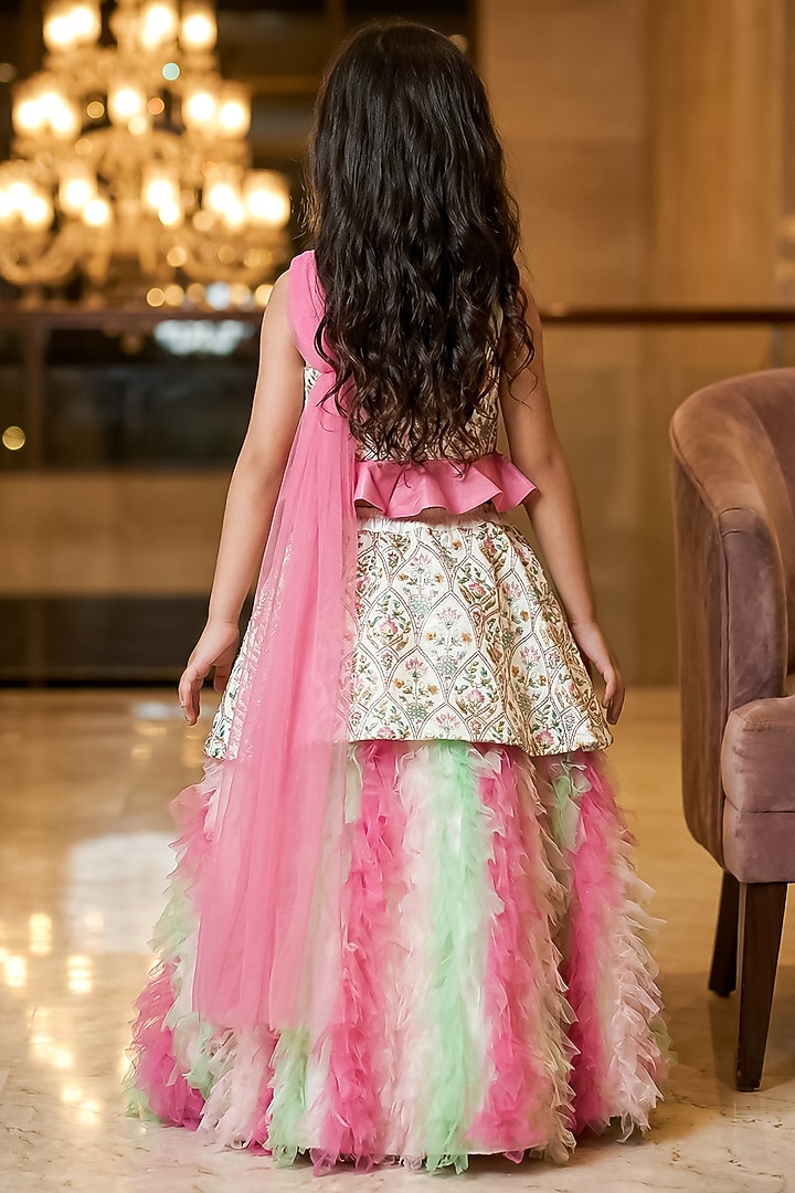 Multi-Colored Satin Silk Hand Embroidered Frilled Lehenga Set For Girls by Pragya exclusive at Pernia's Pop Up Shop