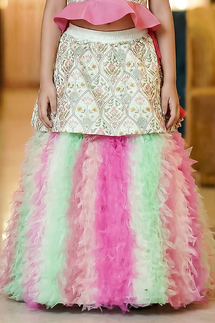 Multi-Colored Satin Silk Hand Embroidered Frilled Lehenga Set For Girls by Pragya exclusive at Pernia's Pop Up Shop