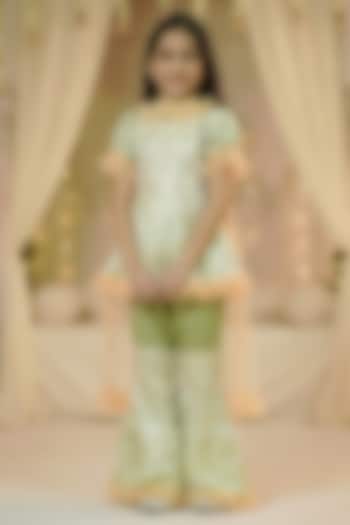 Lime Green Chinon Silk Embroidered Sharara Set For Girls by Pragya exclusive at Pernia's Pop Up Shop