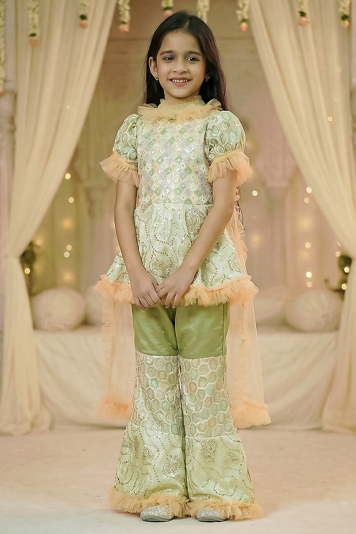 Lime Green Chinon Silk Embroidered Sharara Set For Girls by Pragya exclusive at Pernia's Pop Up Shop