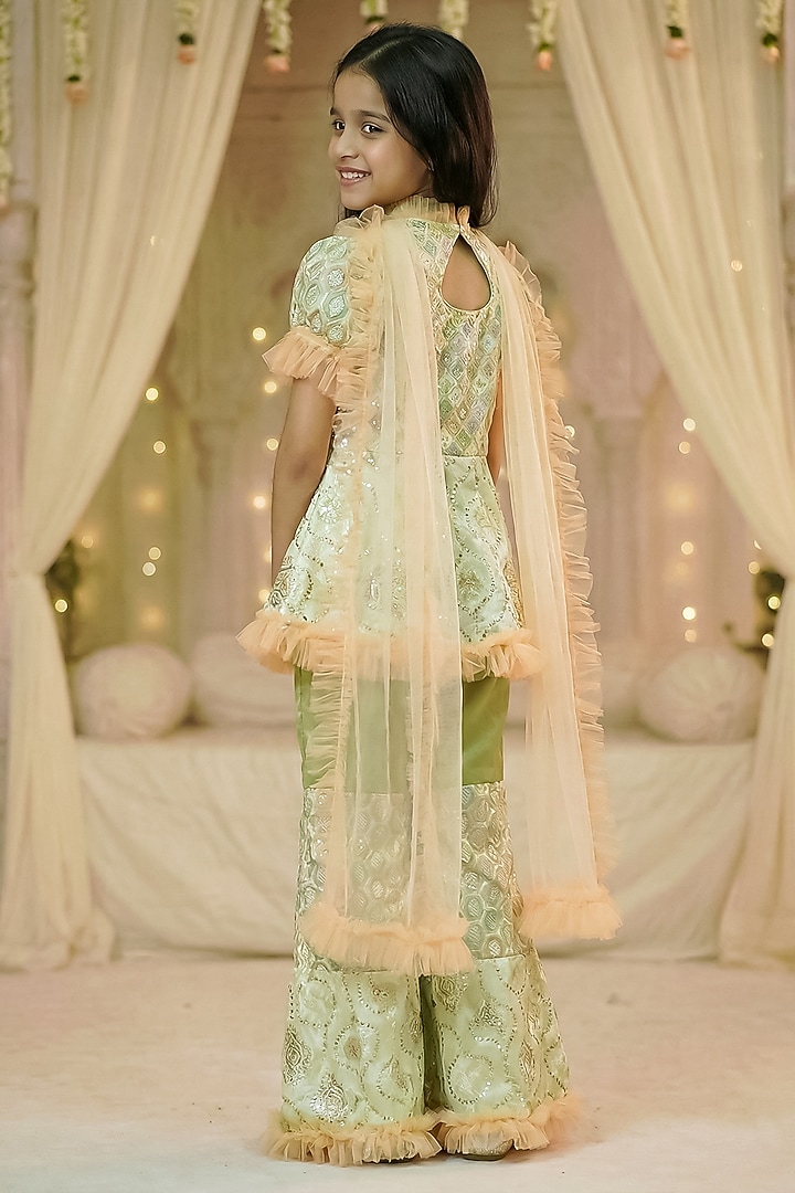 Lime Green Chinon Silk Embroidered Sharara Set For Girls by Pragya exclusive at Pernia's Pop Up Shop