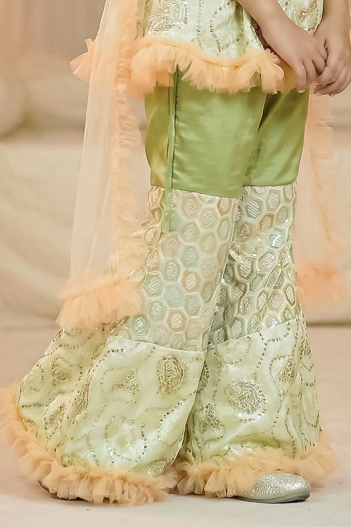 Lime Green Chinon Silk Embroidered Sharara Set For Girls by Pragya exclusive at Pernia's Pop Up Shop