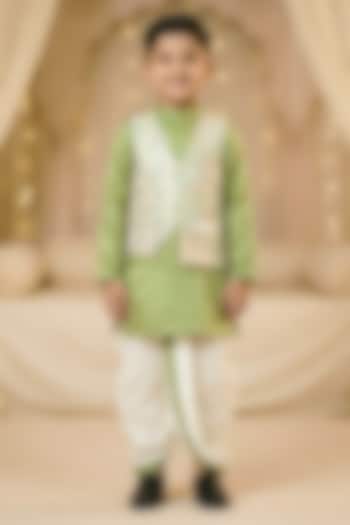 Lime Green Chinon Embroidered Kurta Set For Boys by Pragya exclusive at Pernia's Pop Up Shop