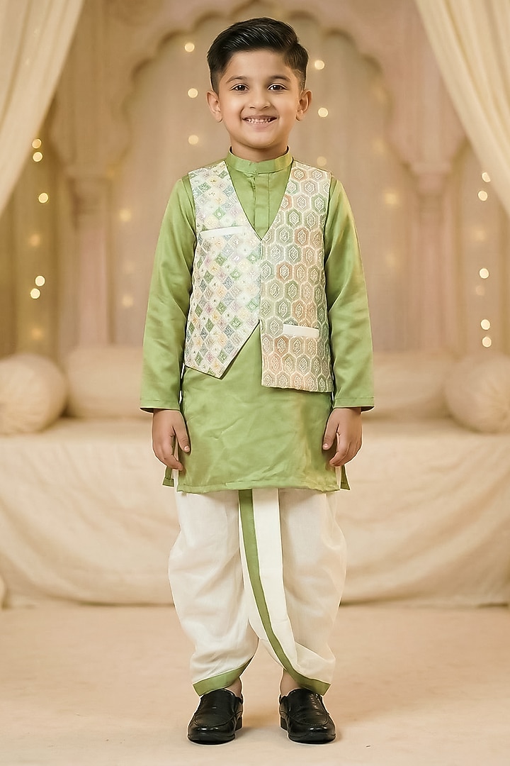 Lime Green Chinon Embroidered Kurta Set For Boys by Pragya exclusive at Pernia's Pop Up Shop