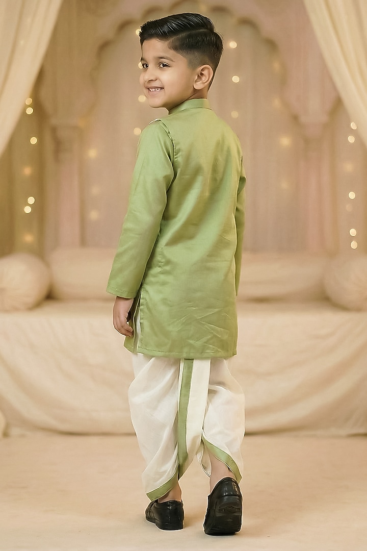 Lime Green Chinon Embroidered Kurta Set For Boys by Pragya exclusive at Pernia's Pop Up Shop