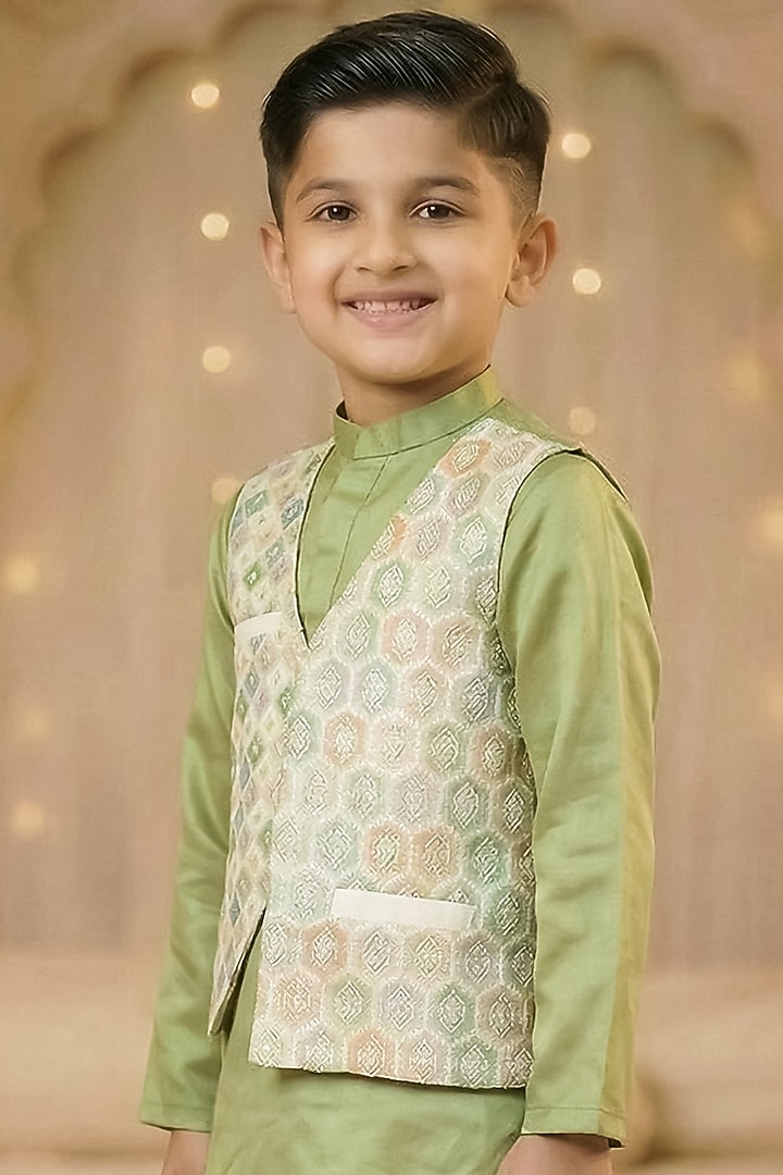 Lime Green Chinon Embroidered Kurta Set For Boys by Pragya exclusive at Pernia's Pop Up Shop