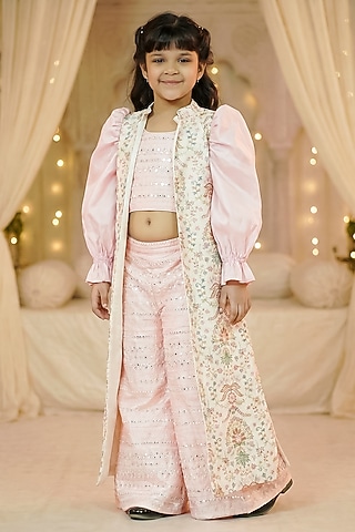 Baby Pink & Off-White Silk Palazzo Set For Girls by Pragya exclusive