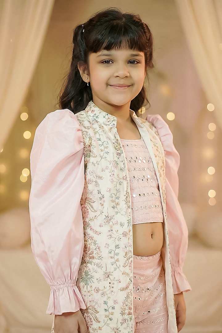 Baby Pink & Off-White Silk Palazzo Set For Girls by Pragya exclusive at Pernia's Pop Up Shop