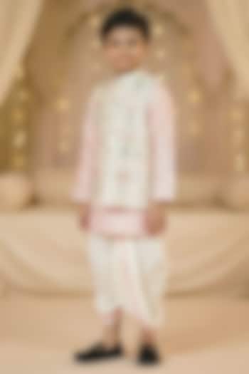Baby Pink & Off-White Silk Nehru Jacket Set For Boys by Pragya exclusive at Pernia's Pop Up Shop
