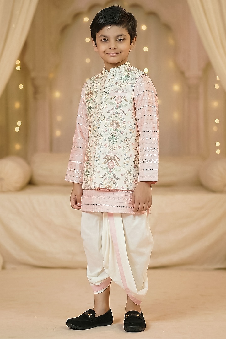 Baby Pink & Off-White Silk Nehru Jacket Set For Boys by Pragya exclusive at Pernia's Pop Up Shop