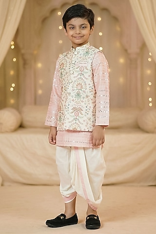 Baby Pink & Off-White Silk Nehru Jacket Set For Boys by Pragya exclusive