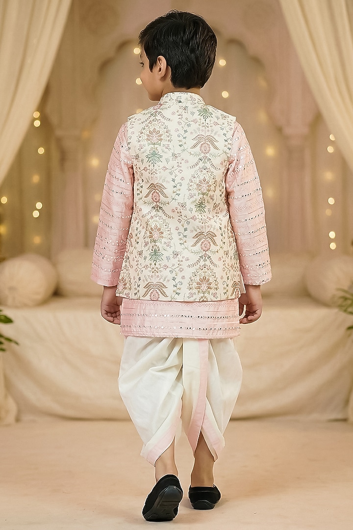 Baby Pink & Off-White Silk Nehru Jacket Set For Boys by Pragya exclusive at Pernia's Pop Up Shop