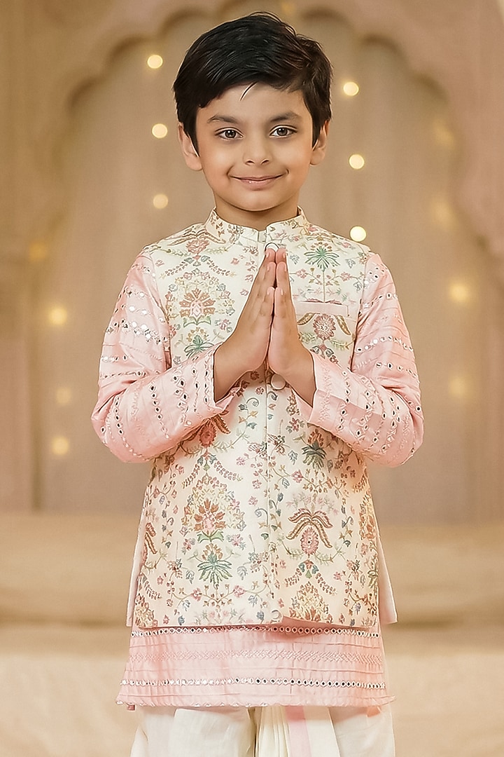 Baby Pink & Off-White Silk Nehru Jacket Set For Boys by Pragya exclusive at Pernia's Pop Up Shop