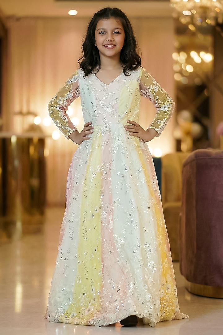 Multi-Colored Net Embroidered Gown For Girls by Pragya exclusive at Pernia's Pop Up Shop