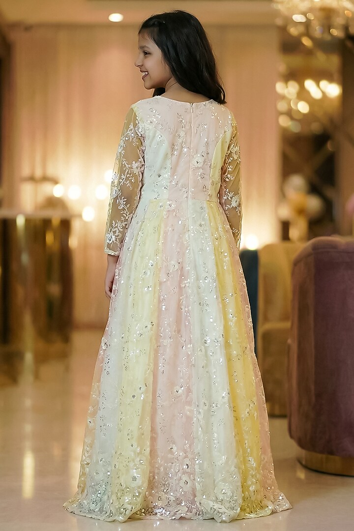 Multi-Colored Net Embroidered Gown For Girls by Pragya exclusive at Pernia's Pop Up Shop
