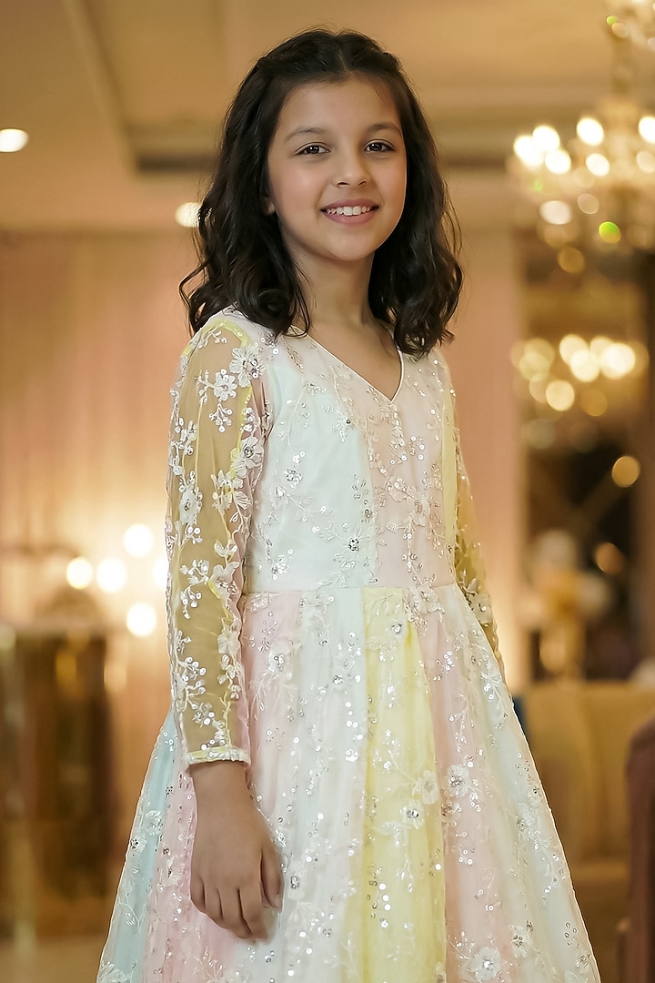 Multi-Colored Net Embroidered Gown For Girls by Pragya exclusive at Pernia's Pop Up Shop