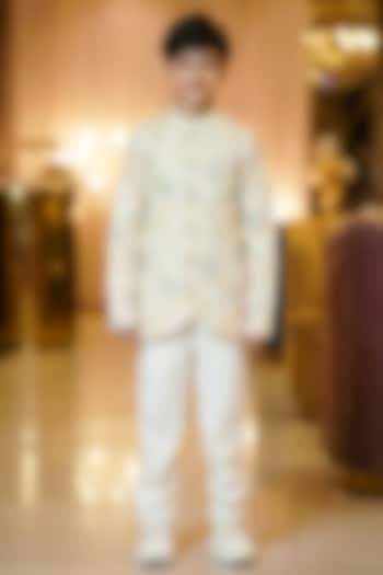 Off-White Silk Satin Sherwani Set For Boys by Pragya exclusive at Pernia's Pop Up Shop