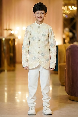 Off-White Silk Satin Sherwani Set For Boys by Pragya exclusive