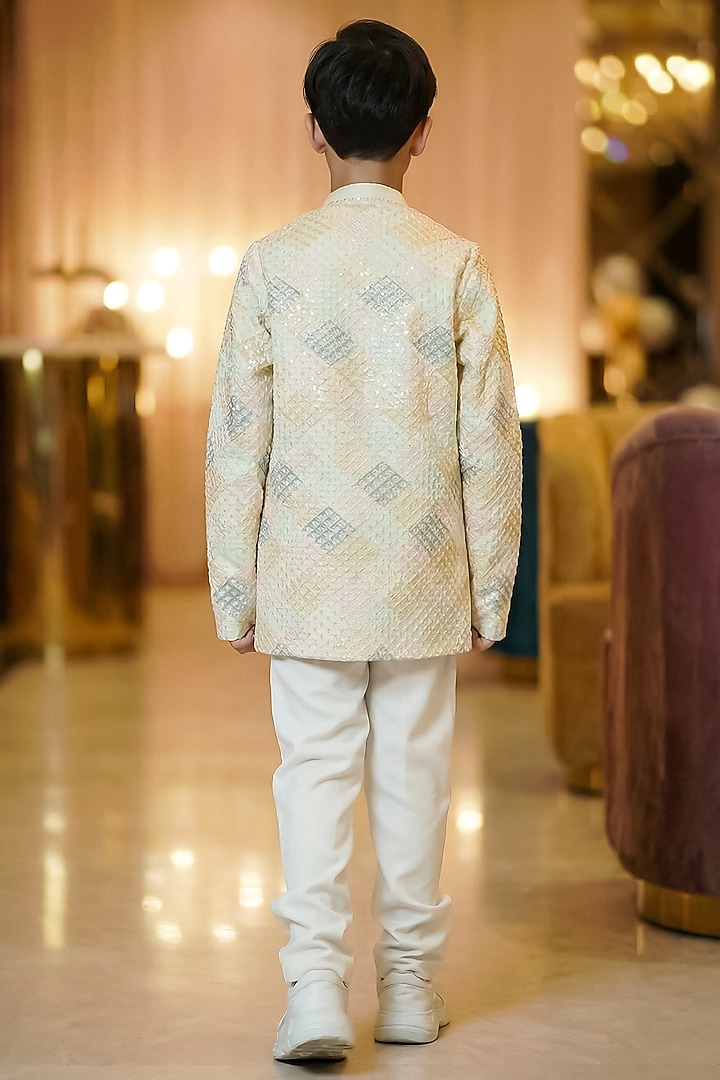 Off-White Silk Satin Sherwani Set For Boys by Pragya exclusive at Pernia's Pop Up Shop