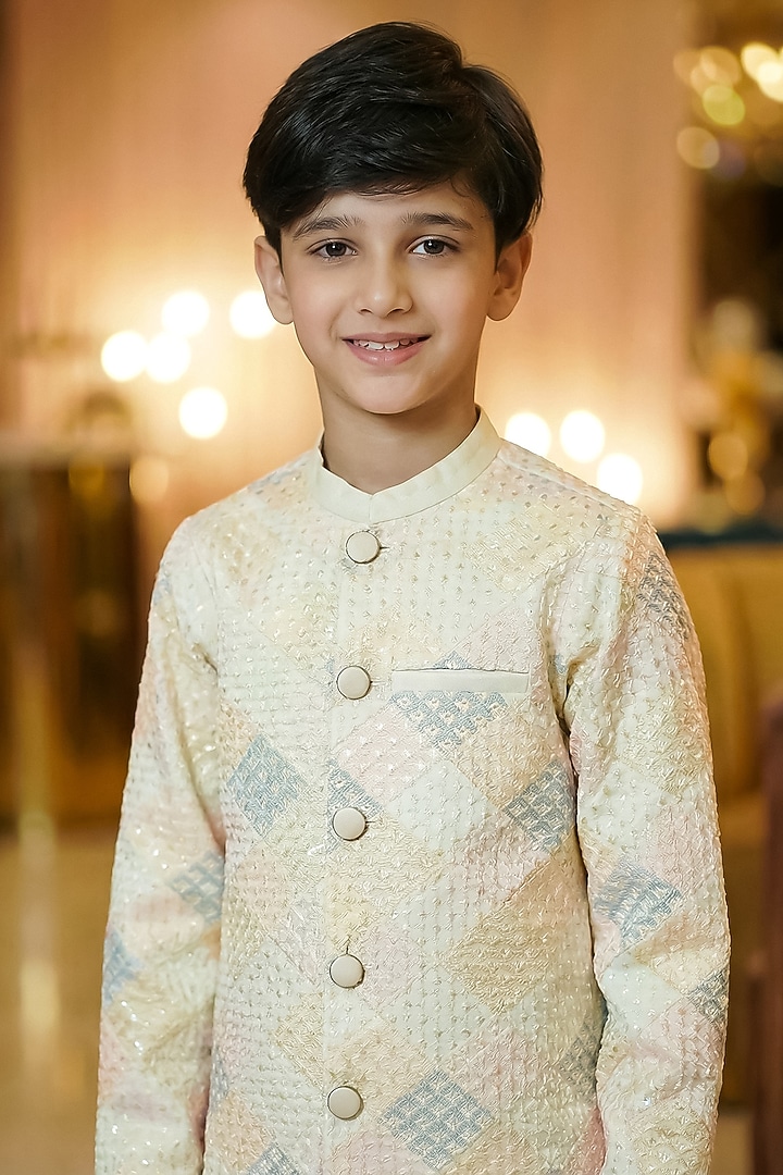Off-White Silk Satin Sherwani Set For Boys by Pragya exclusive at Pernia's Pop Up Shop