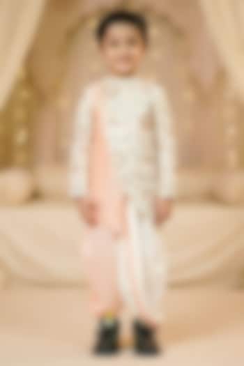 Off-White & Peach Raw Silk Sherwani Set For Boys by Pragya exclusive at Pernia's Pop Up Shop