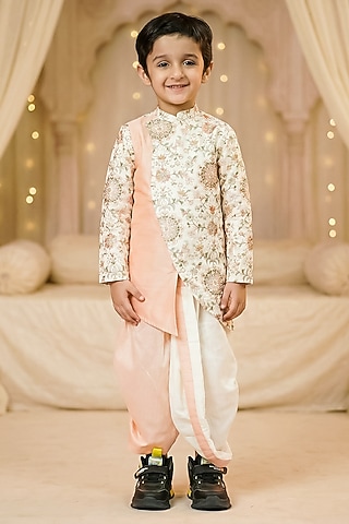 Off-White & Peach Raw Silk Sherwani Set For Boys by Pragya exclusive