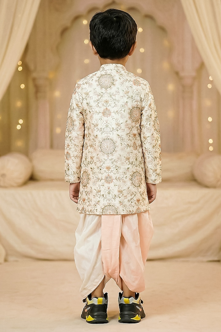 Off-White & Peach Raw Silk Sherwani Set For Boys by Pragya exclusive at Pernia's Pop Up Shop