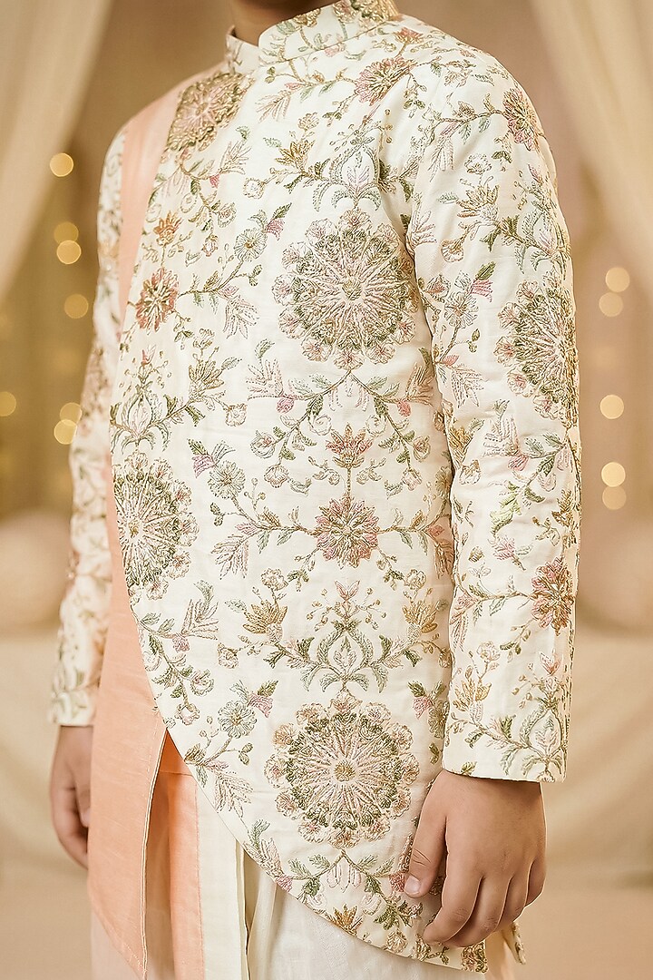 Off-White & Peach Raw Silk Sherwani Set For Boys by Pragya exclusive at Pernia's Pop Up Shop
