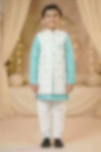 Off-White Raw Silk Long Jacket Set For Boys by Pragya exclusive at Pernia's Pop Up Shop