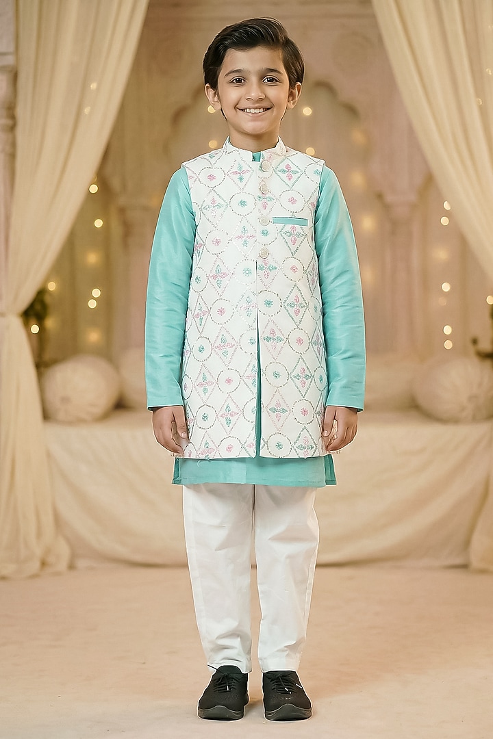 Off-White Raw Silk Long Jacket Set For Boys by Pragya exclusive at Pernia's Pop Up Shop