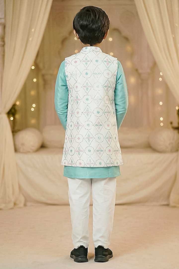 Off-White Raw Silk Long Jacket Set For Boys by Pragya exclusive at Pernia's Pop Up Shop