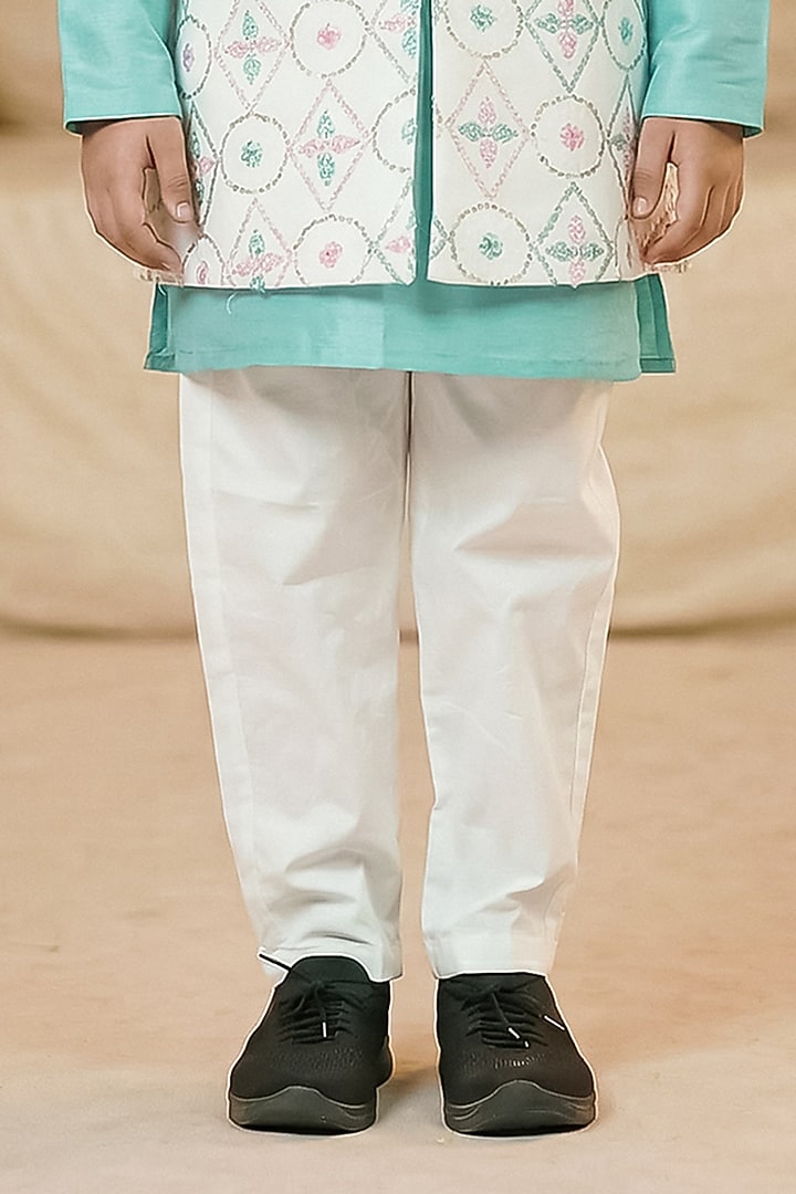Off-White Raw Silk Long Jacket Set For Boys by Pragya exclusive at Pernia's Pop Up Shop