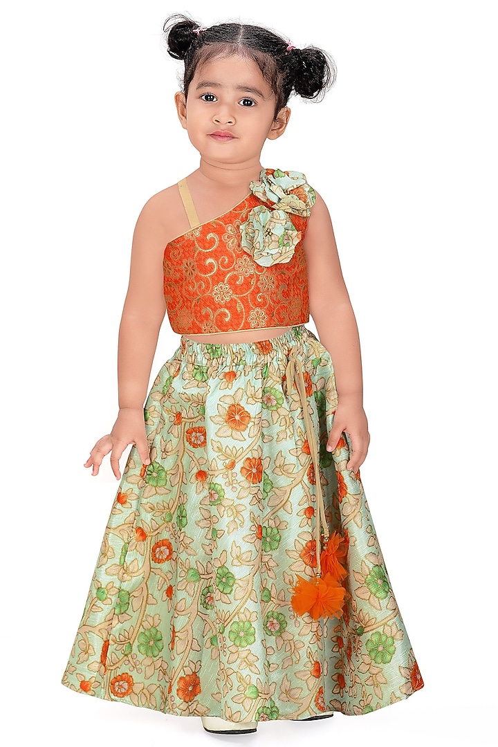 Aqua Blue Silk Floral Printed Lehenga Set For Girls by Pragya exclusive at Pernia's Pop Up Shop