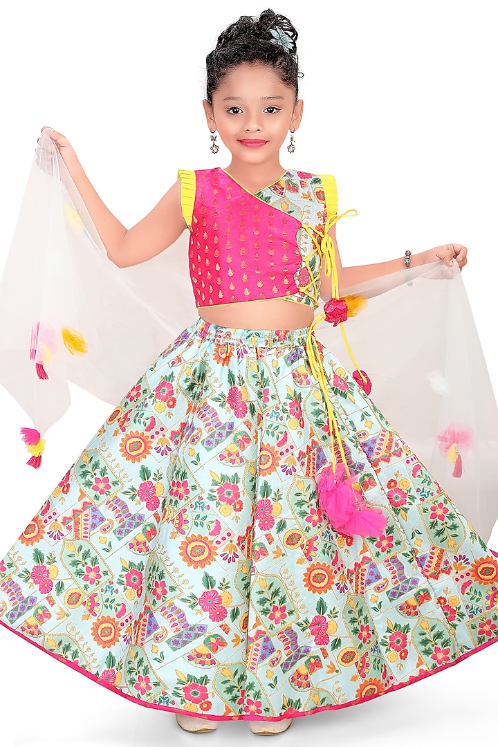 Pink Silk Floral Printed Lehenga Set For Girls by Pragya exclusive at Pernia's Pop Up Shop