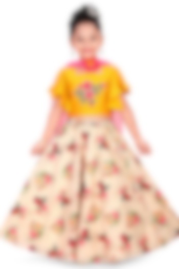 Yellow Silk Floral Printed Lehenga Set For Girls by Pragya exclusive at Pernia's Pop Up Shop