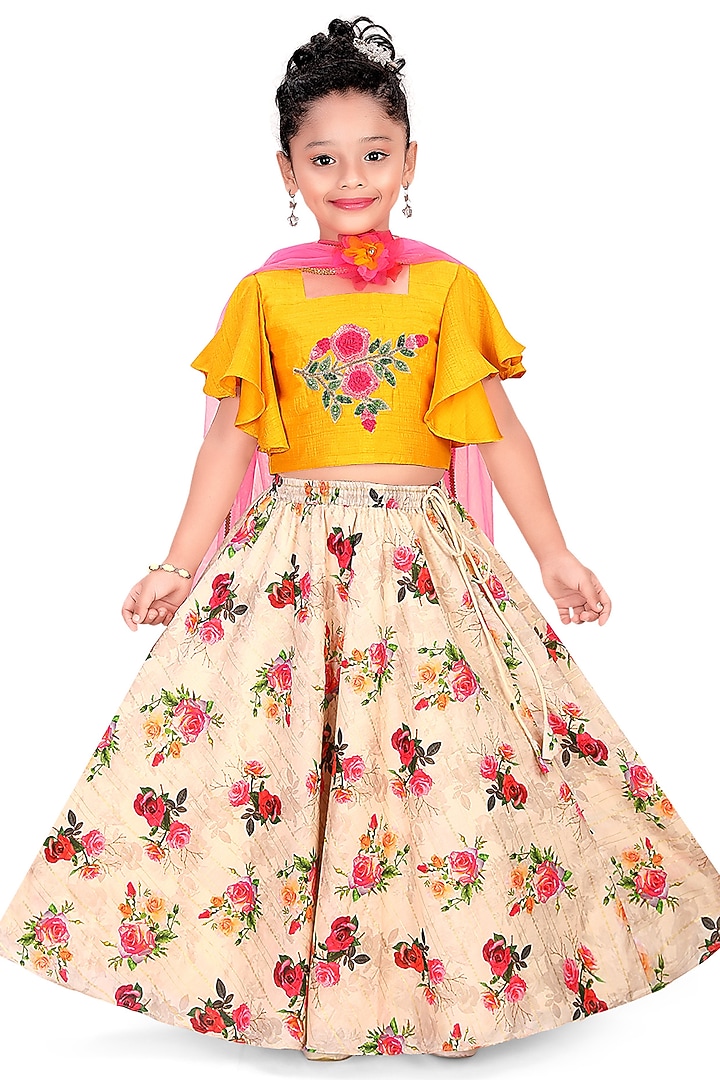 Yellow Silk Floral Printed Lehenga Set For Girls by Pragya exclusive at Pernia's Pop Up Shop