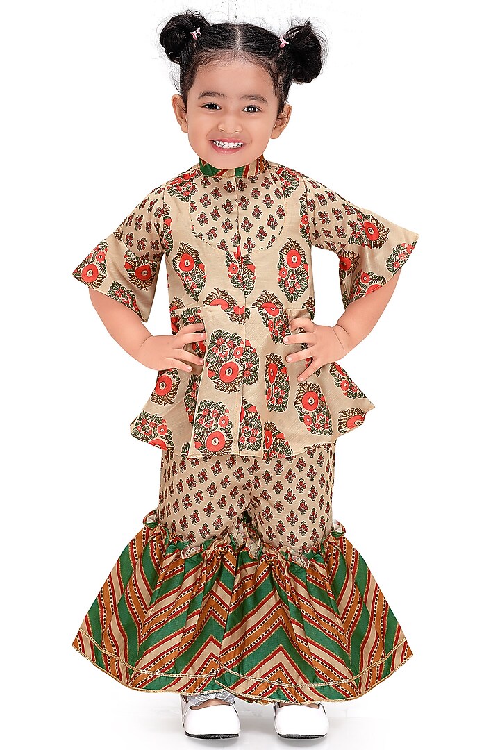 Beige Satin Digital Printed Sharara Set For Girls by Pragya exclusive at Pernia's Pop Up Shop