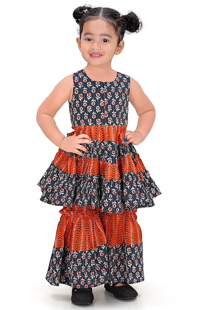 Blue Cotton Printed Sharara Set For Girls by Pragya exclusive at Pernia's Pop Up Shop