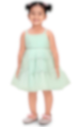 Aqua Crepe & Net Mirror Work Dress For Girls by Pragya exclusive at Pernia's Pop Up Shop