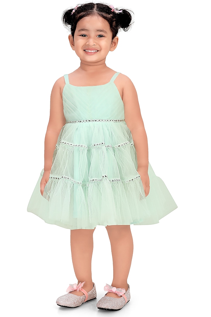 Aqua Crepe & Net Mirror Work Dress For Girls by Pragya exclusive at Pernia's Pop Up Shop