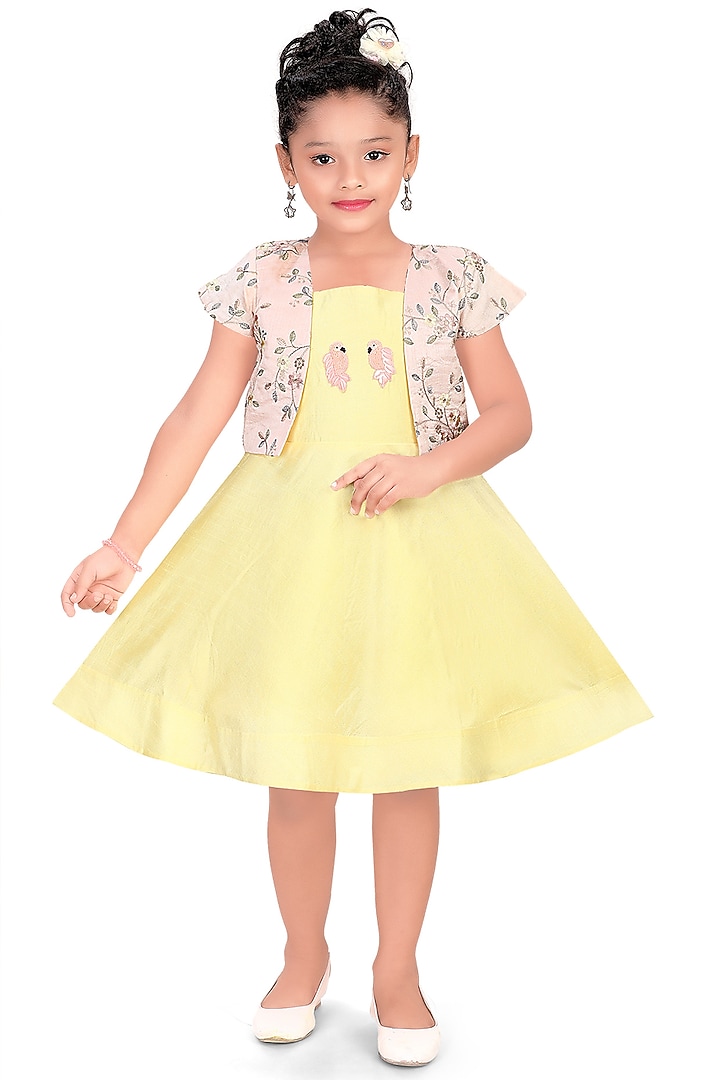 White Silk Floral Embroidered Jacket Dress For Girls by Pragya exclusive at Pernia's Pop Up Shop