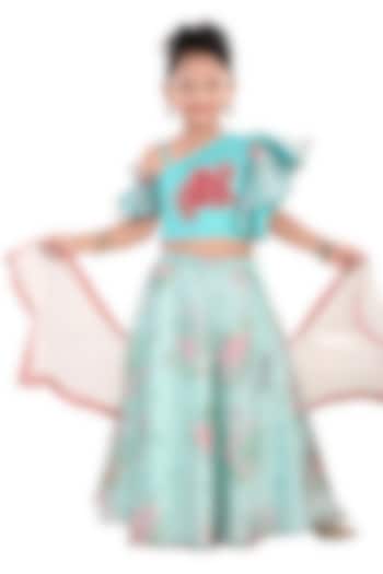 Blue Silk Floral Printed Lehenga Set For Girls by Pragya exclusive at Pernia's Pop Up Shop