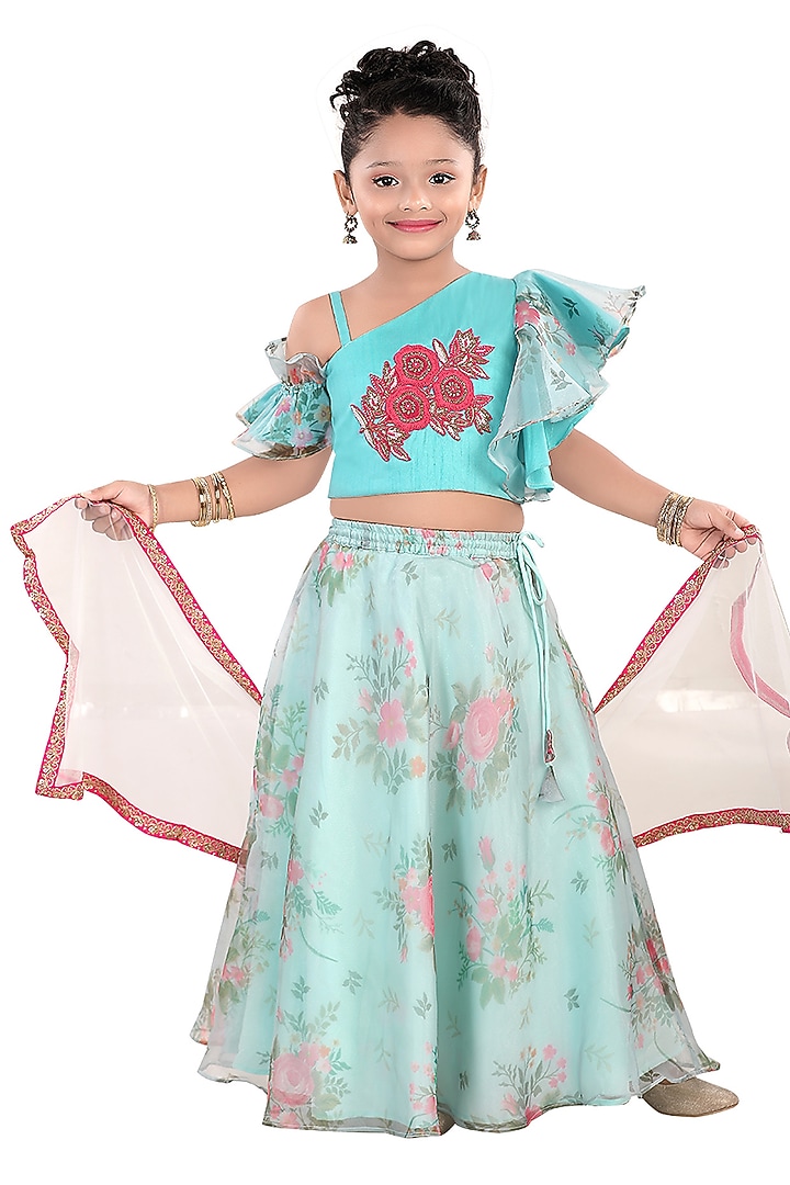 Blue Silk Floral Printed Lehenga Set For Girls by Pragya exclusive at Pernia's Pop Up Shop