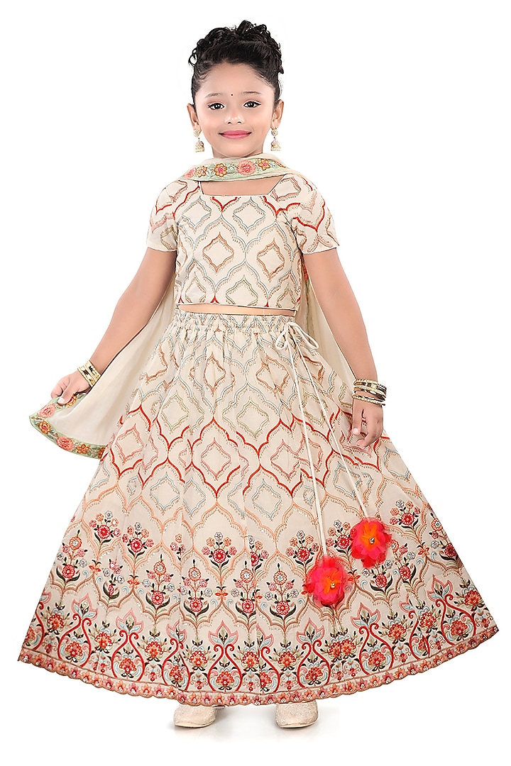 Off-White Silk Sequins Embroidered Lehenga Set For Girls by Pragya exclusive at Pernia's Pop Up Shop