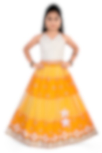 Yellow Net Sequins Embroidered Tiered Lehenga Set For Girls by Pragya exclusive at Pernia's Pop Up Shop