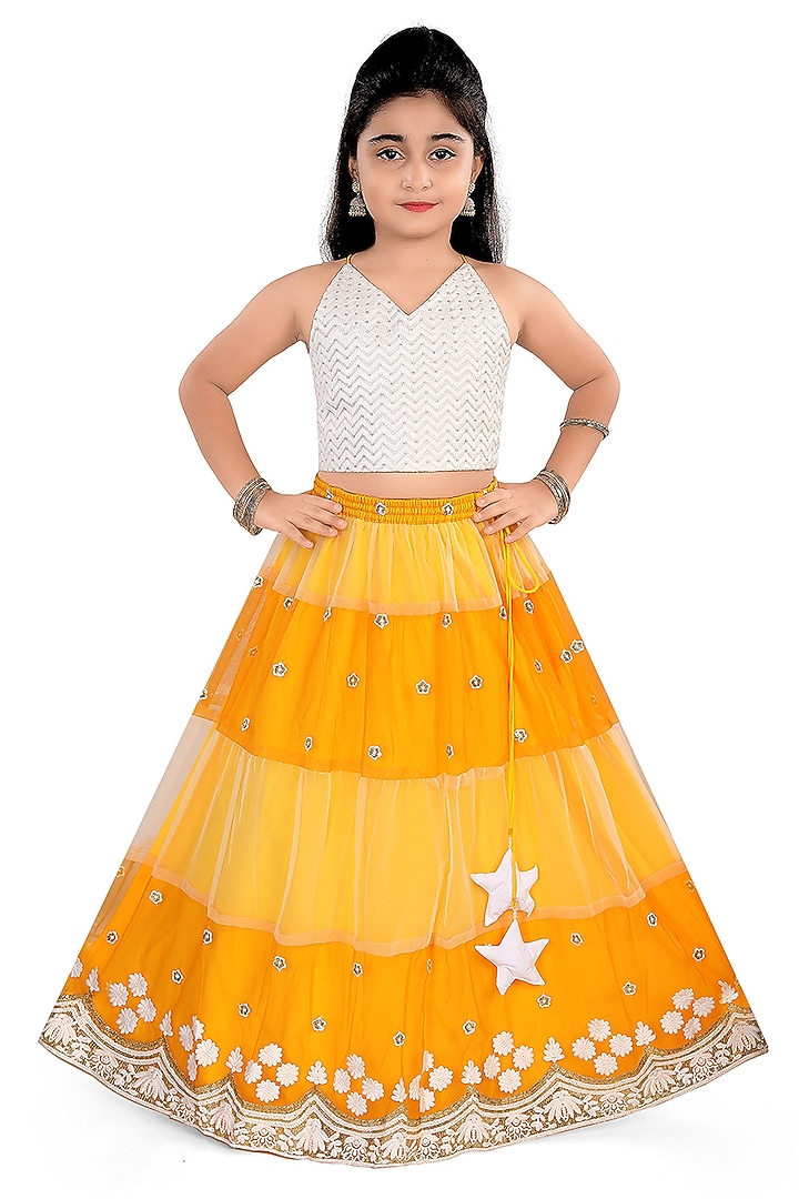 Yellow Net Sequins Embroidered Tiered Lehenga Set For Girls by Pragya exclusive at Pernia's Pop Up Shop