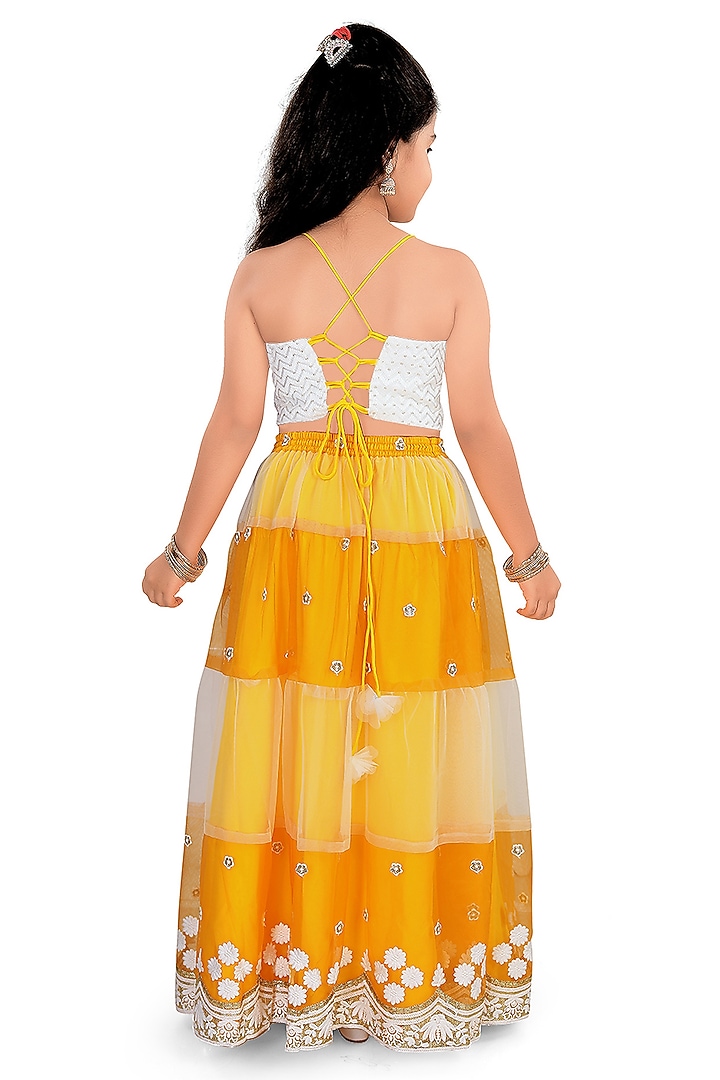 Yellow Net Sequins Embroidered Tiered Lehenga Set For Girls by Pragya exclusive at Pernia's Pop Up Shop