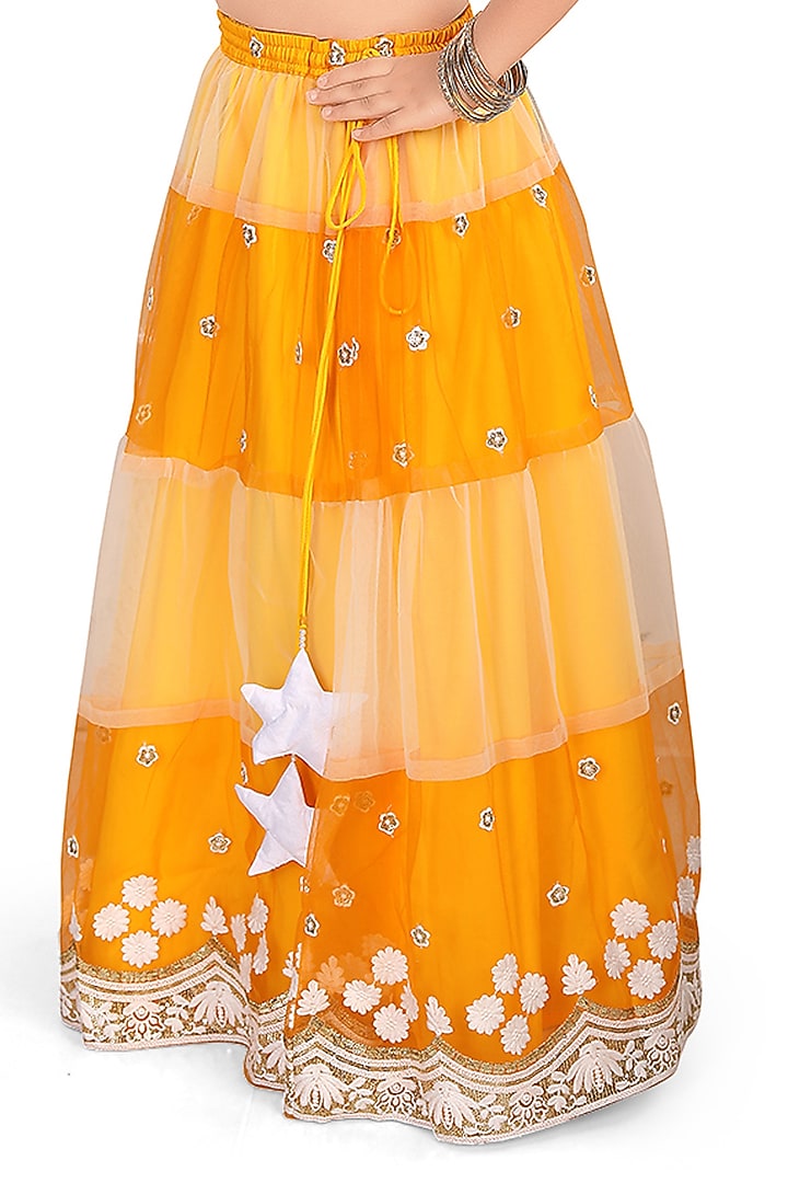 Yellow Net Sequins Embroidered Tiered Lehenga Set For Girls by Pragya exclusive at Pernia's Pop Up Shop